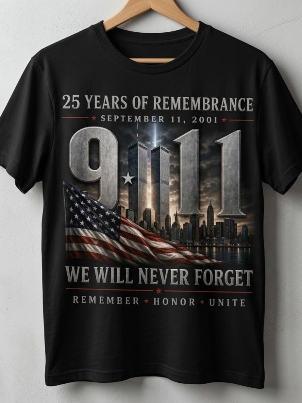 We Will Never Forget 9/11 Remembrance USA Memorial Black T-Shirt